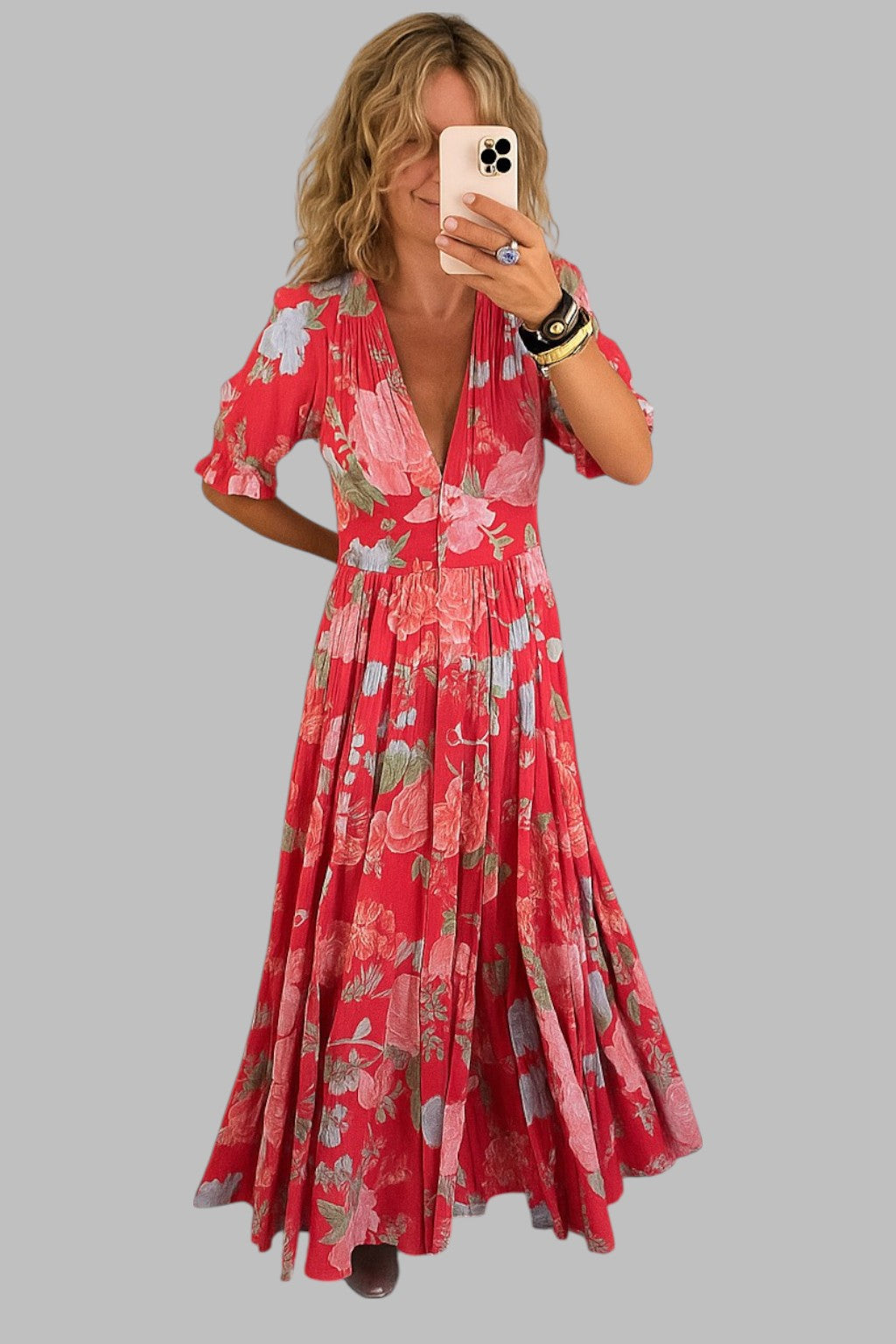 Liliana™ | Sukienka z dekoltem w serek, kieszeniami i kwiatowym printem