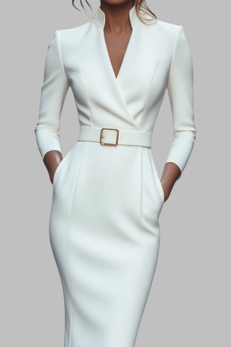 AMARISSE™ | ELEGANCKA CZARNA SUKIENKA Z PASKIEM I KOŁNIERZEM