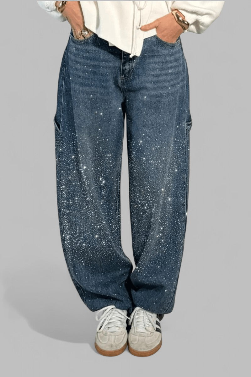 RAVELLE™ | MODNE JEANS CARPENTER W KSZTAŁCIE BALONOWYM Z BROKATEM