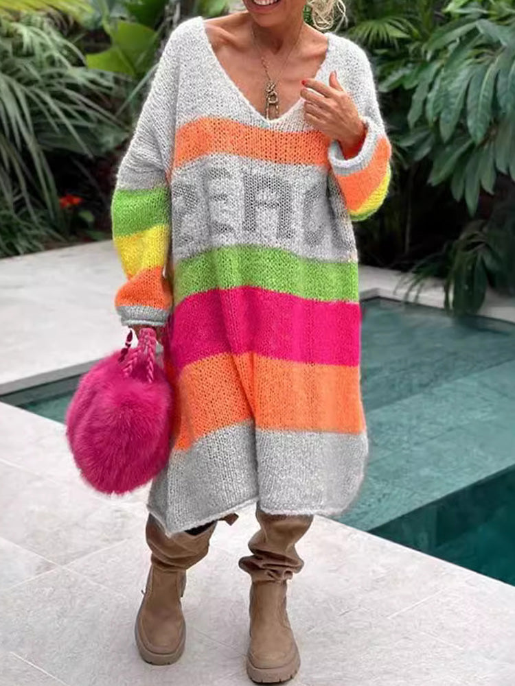 Nela™ | Kaszmirowa sukienka sweterkowa z dekoltem w serek i długim rękawem