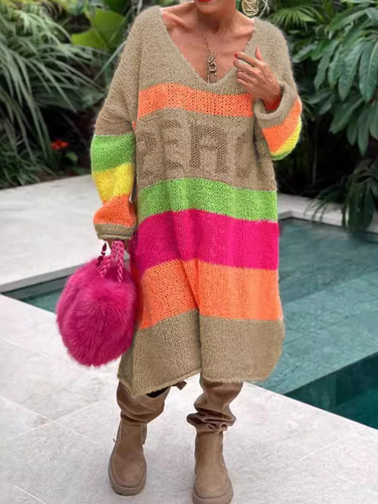 Nela™ | Kaszmirowa sukienka sweterkowa z dekoltem w serek i długim rękawem