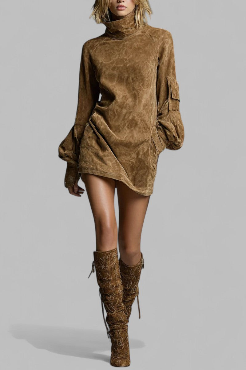 VINTAGE™ | LUŹNA MINI SUKIENKA Z ZAMSU Z GOLFEM